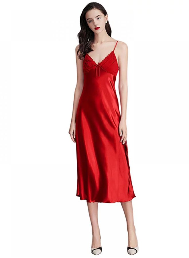 MARGOUN Women Nightdress Long Nightgown Artificial Silk Solid Color Deep-V Backless Sleepwear Nightie Nightwear Rubber Red  - Image 1