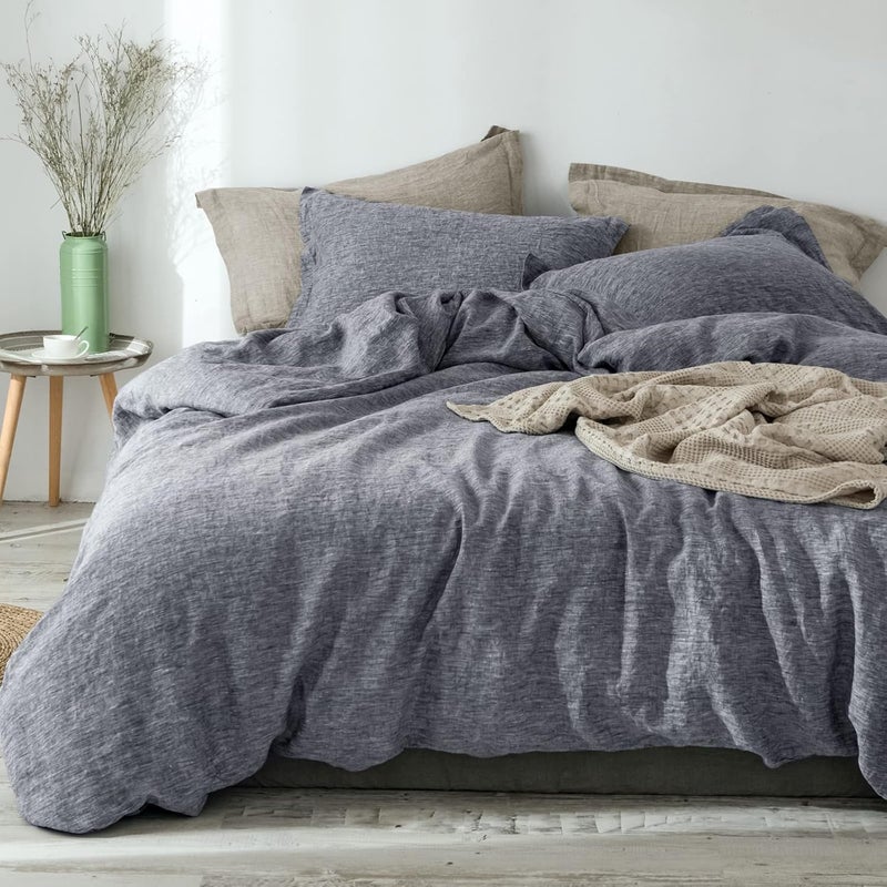 PHF طقم غطاء لحاف من الكتان الفرنسي 100% مكون من 3 قطع - ملكي، يتضمن: 1x 235 سم × 270 سم غطاء لحاف + 2x 50 سم × 90 سم أغطية وسائد، كتان طبيعي مغسول ناعم، قابل للتنفس ومتين، رمادي مائل إلى النيلي - Image 1