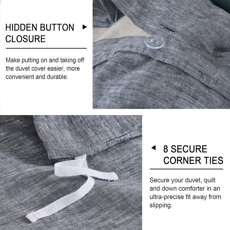 PHF طقم غطاء لحاف من الكتان الفرنسي 100% مكون من 3 قطع - ملكي، يتضمن: 1x 235 سم × 270 سم غطاء لحاف + 2x 50 سم × 90 سم أغطية وسائد، كتان طبيعي مغسول ناعم، قابل للتنفس ومتين، رمادي مائل إلى النيلي - Image 5