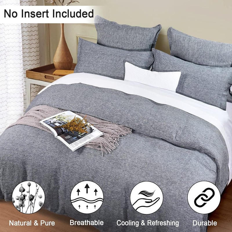 PHF طقم غطاء لحاف من الكتان الفرنسي 100% مكون من 3 قطع - ملكي، يتضمن: 1x 235 سم × 270 سم غطاء لحاف + 2x 50 سم × 90 سم أغطية وسائد، كتان طبيعي مغسول ناعم، قابل للتنفس ومتين، رمادي مائل إلى النيلي - Image 3