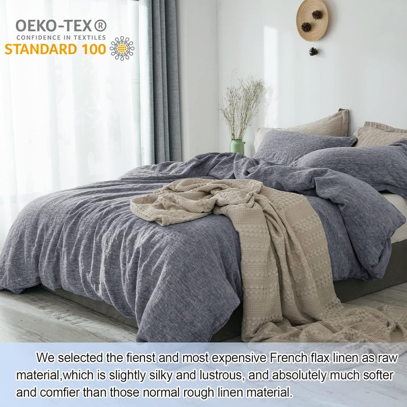 PHF طقم غطاء لحاف من الكتان الفرنسي 100% مكون من 3 قطع - ملكي، يتضمن: 1x 235 سم × 270 سم غطاء لحاف + 2x 50 سم × 90 سم أغطية وسائد، كتان طبيعي مغسول ناعم، قابل للتنفس ومتين، رمادي مائل إلى النيلي - Image 2