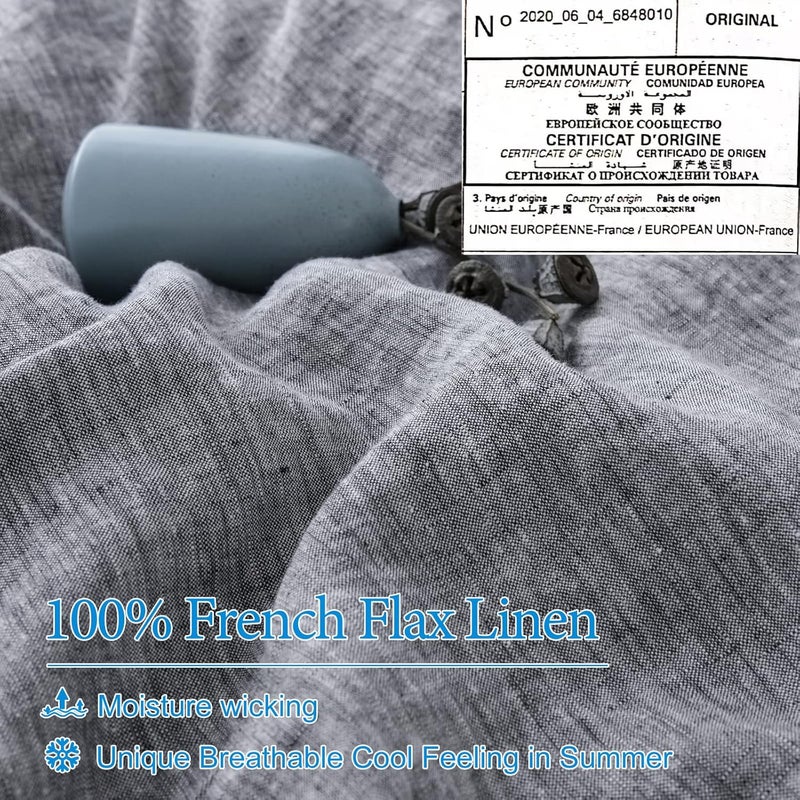 PHF طقم غطاء لحاف من الكتان الفرنسي 100% مكون من 3 قطع - ملكي، يتضمن: 1x 235 سم × 270 سم غطاء لحاف + 2x 50 سم × 90 سم أغطية وسائد، كتان طبيعي مغسول ناعم، قابل للتنفس ومتين، رمادي مائل إلى النيلي - Image 4