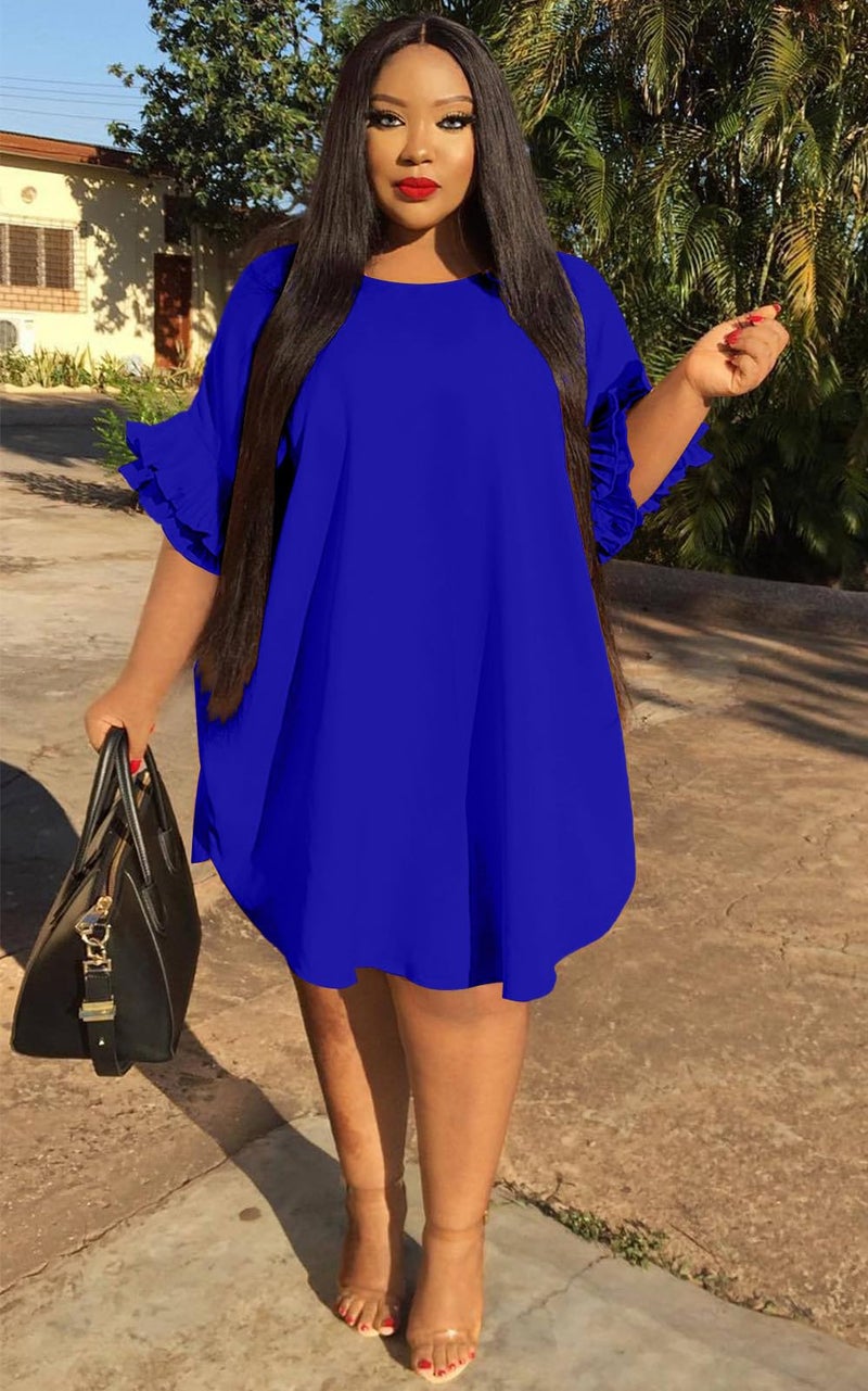 Ekaliy Women's Casual Vintage Ruffle Sleeve Loose Party Midi Plus Size Dress Casual Summer RoyalBlue - Image 3