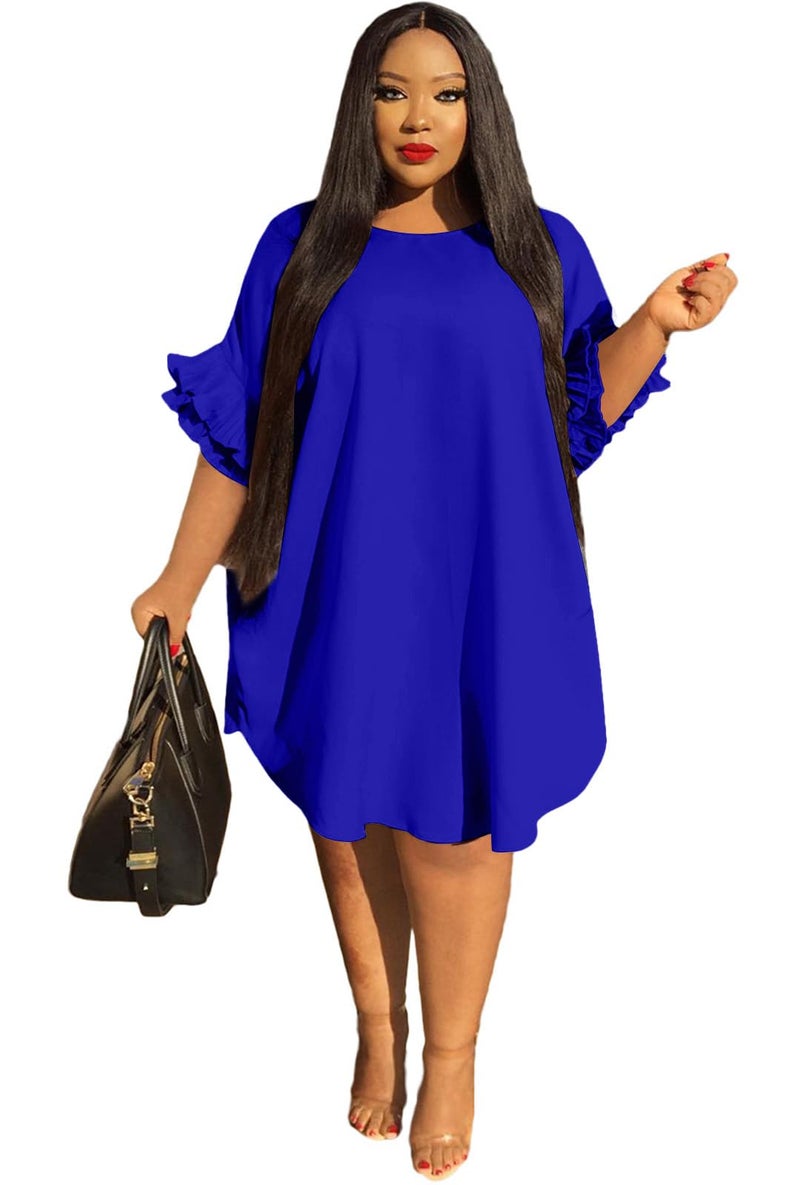 Ekaliy Women's Casual Vintage Ruffle Sleeve Loose Party Midi Plus Size Dress Casual Summer RoyalBlue - Image 4