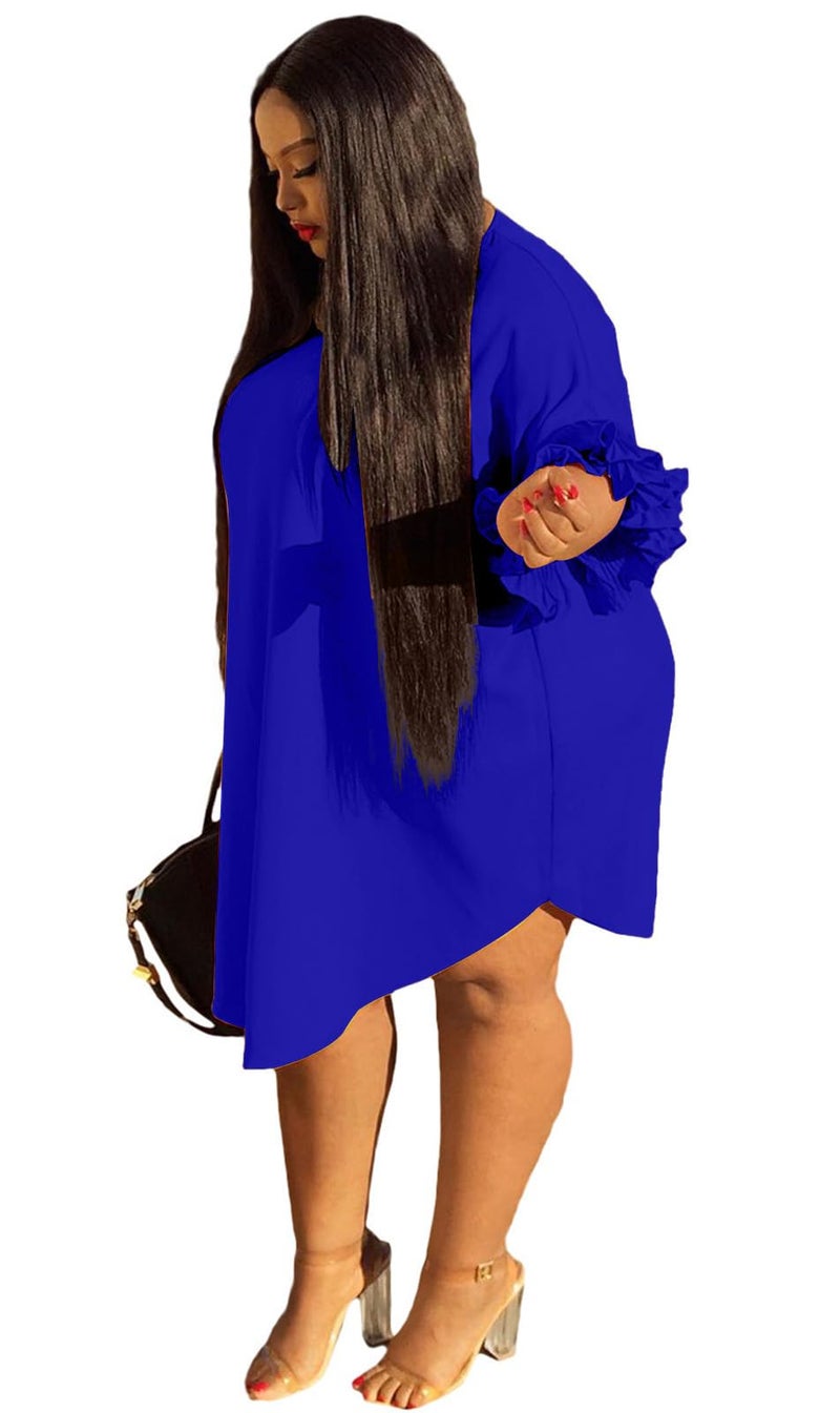 Ekaliy Women's Casual Vintage Ruffle Sleeve Loose Party Midi Plus Size Dress Casual Summer RoyalBlue - Image 2