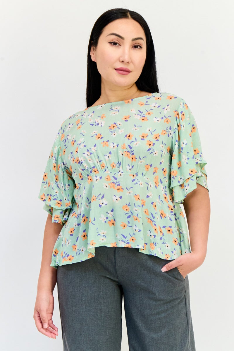 ONLY Women Round Neck Bell Sleeve Floral Print Blouse, Multicolor  - Image 1