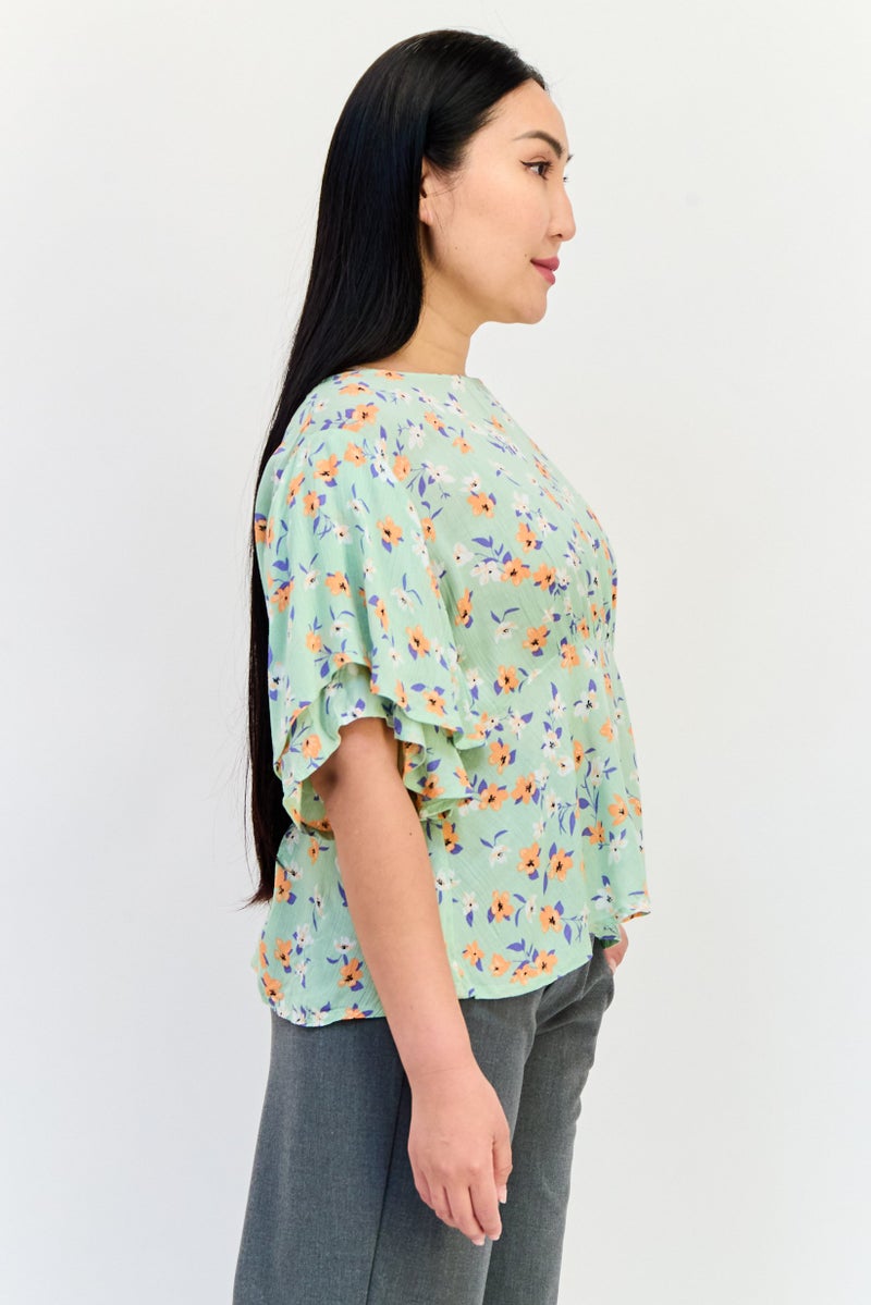 ONLY Women Round Neck Bell Sleeve Floral Print Blouse, Multicolor  - Image 3