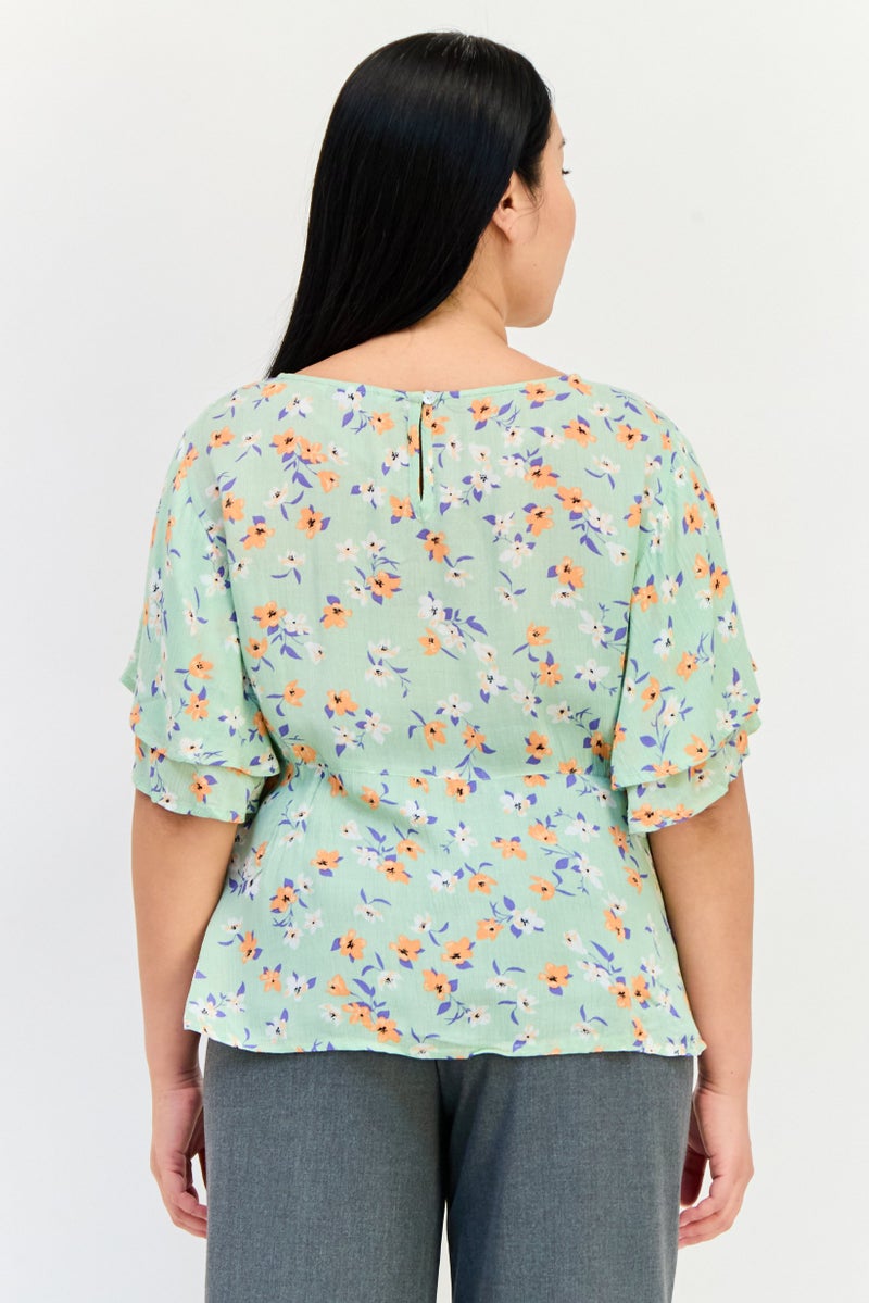 ONLY Women Round Neck Bell Sleeve Floral Print Blouse, Multicolor  - Image 2