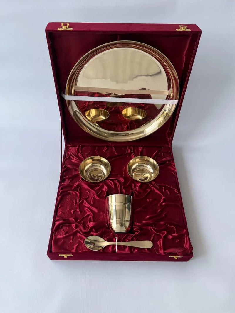 BRASS GLOBE TREASURE OF ART Brass Globe Kansa Set with Velvet Box Glossy Finish | Tableware | Dinnerware | Serveware | Pack of 5 Pieces - Image 3