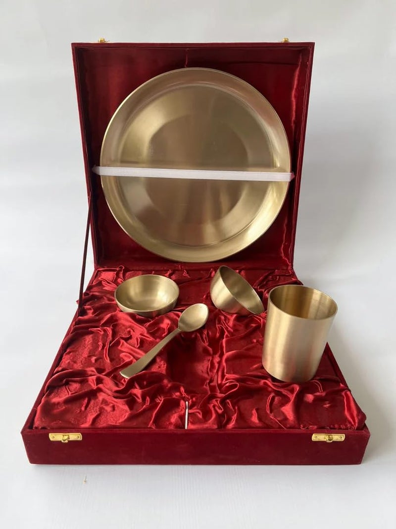 BRASS GLOBE TREASURE OF ART Brass Globe Kansa Set with Velvet Box Glossy Finish | Tableware | Dinnerware | Serveware | Pack of 5 Pieces - Image 2