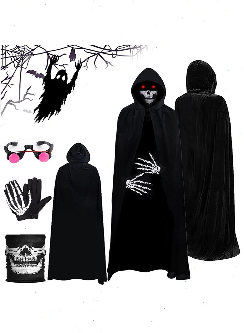Yoawllty 5 PCS Halloween Costumes for Kids, Unisex Long Hooded Cloak Halloween Costume for Age 8-15 Years with Luminous Glasses, Gloves for Cosplay, Halloween Costume for Halloween Decoration - Image 1