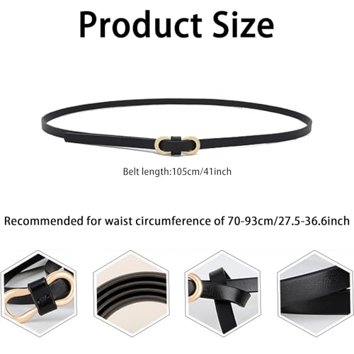 Massmot Genuine Leather Waist Belt for Women, Women's Slim Black Belt for Dresses, Jeans & Tops, Adjustable Gold Double Ring Buckle - Image 2