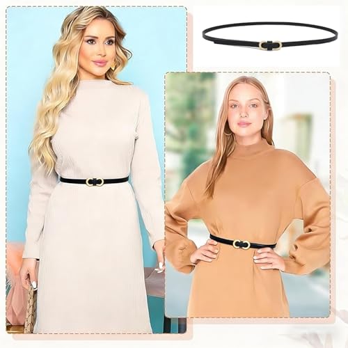 Massmot Genuine Leather Waist Belt for Women, Women's Slim Black Belt for Dresses, Jeans & Tops, Adjustable Gold Double Ring Buckle - Image 3