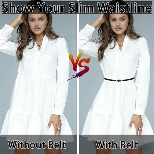 Massmot Genuine Leather Waist Belt for Women, Women's Slim Black Belt for Dresses, Jeans & Tops, Adjustable Gold Double Ring Buckle - Image 5