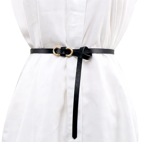 Massmot Genuine Leather Waist Belt for Women, Women's Slim Black Belt for Dresses, Jeans & Tops, Adjustable Gold Double Ring Buckle - Image 1