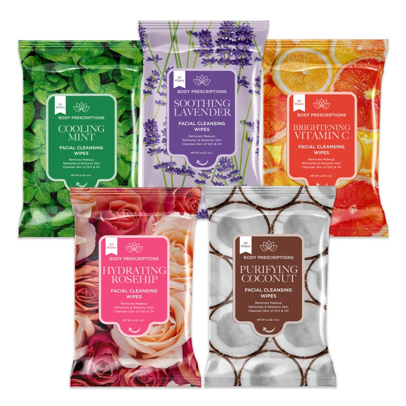 Body Prescriptions Makeup Remover Wipes - Bulk Pack, Gentle Cleansing Wipes for Easy Makeup Removal, Mint, Rosehip, Vitamin C, Lavender & Coconut - Image 1