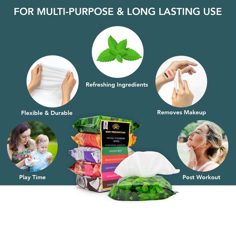 Body Prescriptions Makeup Remover Wipes - Bulk Pack, Gentle Cleansing Wipes for Easy Makeup Removal, Mint, Rosehip, Vitamin C, Lavender & Coconut - Image 2