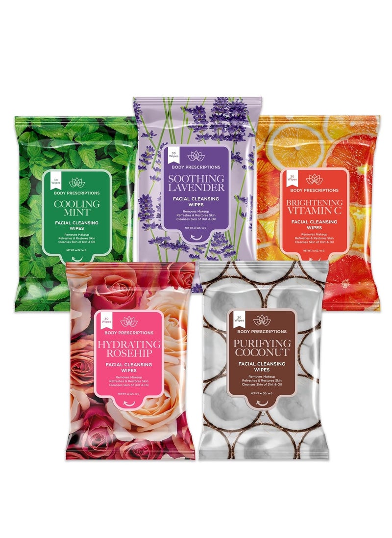 Body Prescriptions - Body Prescriptions Makeup Remover Wipes Bulk, 5 Pack, 150 Facial Cleansing Cloths Removes Makeup, Mascara, Dirt and Oil (Mint, Rosehip, Vitamin C, Lavender and Coconut) - Image 1