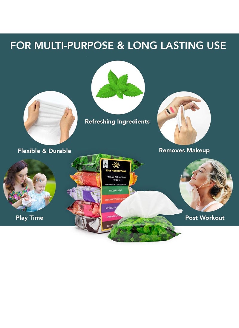 Body Prescriptions - Body Prescriptions Makeup Remover Wipes Bulk, 5 Pack, 150 Facial Cleansing Cloths Removes Makeup, Mascara, Dirt and Oil (Mint, Rosehip, Vitamin C, Lavender and Coconut) - Image 1