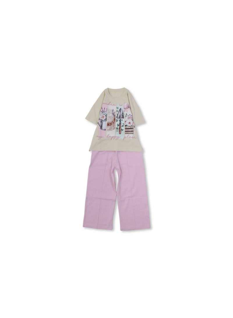 دريم بيجاما قطنية قصيرة الأكمام للبنات - بيج ووردي بنقشة حديقة - Image 1