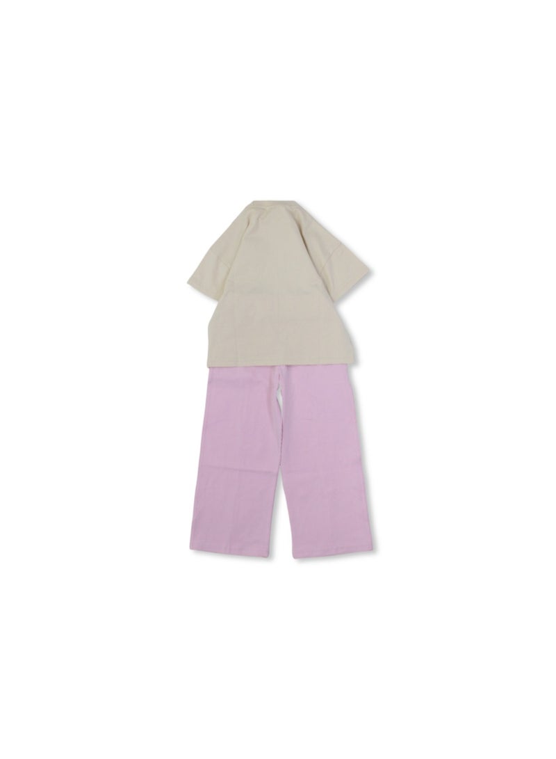 دريم بيجاما قطنية قصيرة الأكمام للبنات - بيج ووردي بنقشة حديقة - Image 2