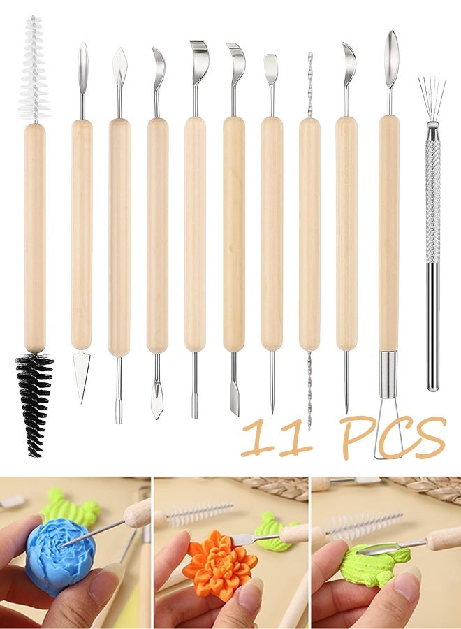 11Pcs Polymer Clay Tools Pottery Carving Tools Ceramic Modeling Sculpting Tool Set for Molding Cutting Trimming Shaping, Double-Sided, Wooden Handles - Image 1