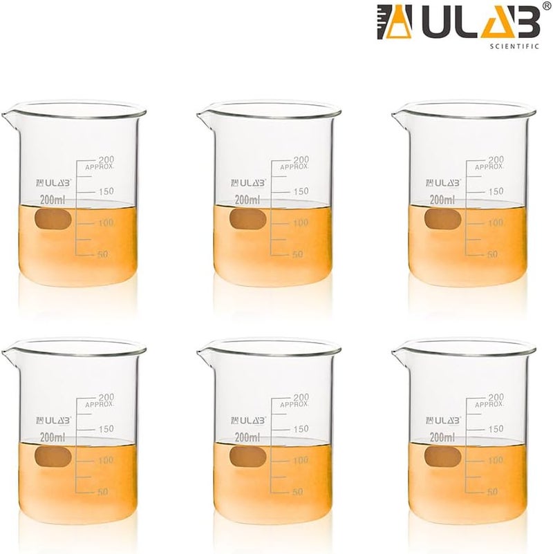 ULAB Scientific Glass Beaker Set, Vol. 200ml, 3.3 Borosilicate Griffin Low Form with Printed Graduation, Pack of 6, UBG1022 - Image 2