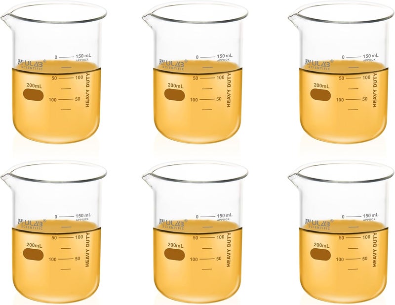 ULAB Scientific Glass Beaker Set, Vol. 200ml, 3.3 Borosilicate Griffin Low Form with Printed Graduation, Pack of 6, UBG1022 - Image 4