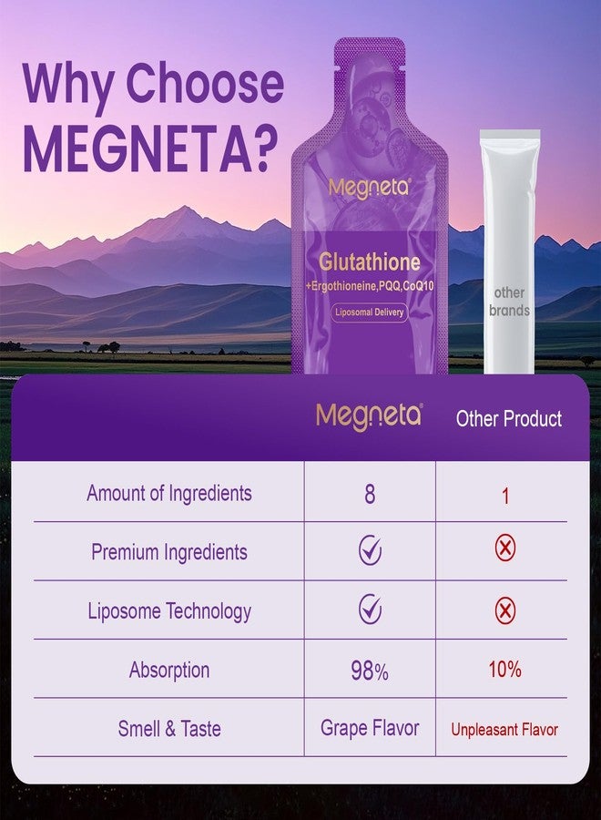 MEGNETA Liposomal Glutathione Supplement – 500mg Glutathione with PQQ, CoQ10 & Vitamin C – High Absorption Antioxidant for Immune & Energy Support – Grape Flavor, 30 Pouch - Image 4