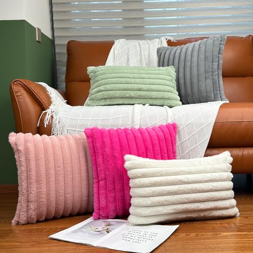 COTEY غطاء وسادة 18x18 مجموعة من 2، أغطية زخرفية من الفرو الصناعي للسرير، أريكة غطاء وسادة ناعم ورقيق مع ظهر مخملي لغرفة المعيشة، لهجة ديكور منزلي محايدة للأريكة - وردي - Image 5