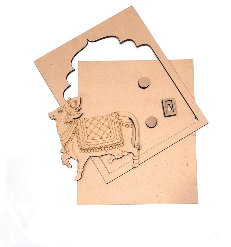 Ditya Crafts MDF Wooden Cutout Jharokha Frame with Cow Cutout 25x20cm 8MM thick Traditional Indian Wall Dcor with 15 x 16 cm Cow Cutout 4mm Thick - Image 4