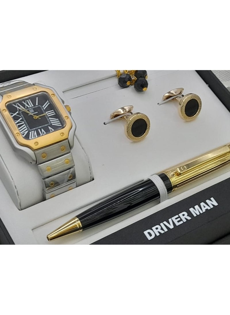 DRIVERMAN Driver Man men's watch set with a luxury box. Consisting of a watch, pen, cufflinks, and rosary.