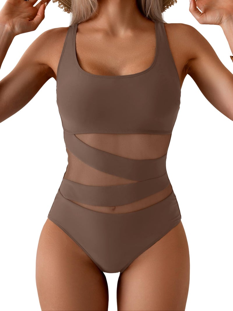 B2prity Women's Mesh One Piece Swimsuit Tummy Control Sexy Bathing Suit Push Up Swim Suit Slimming Swimwear Brown - Image 1