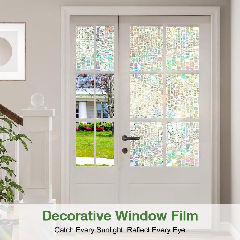 ALIUNI Window Privacy Film, Stained Glass Window Films 3D Rainbow Decorative Static Cling Iridescent Window Tint Heat Blocking Decals Covering for Home Door Vinyl 17.5" x 78.7" - Image 2