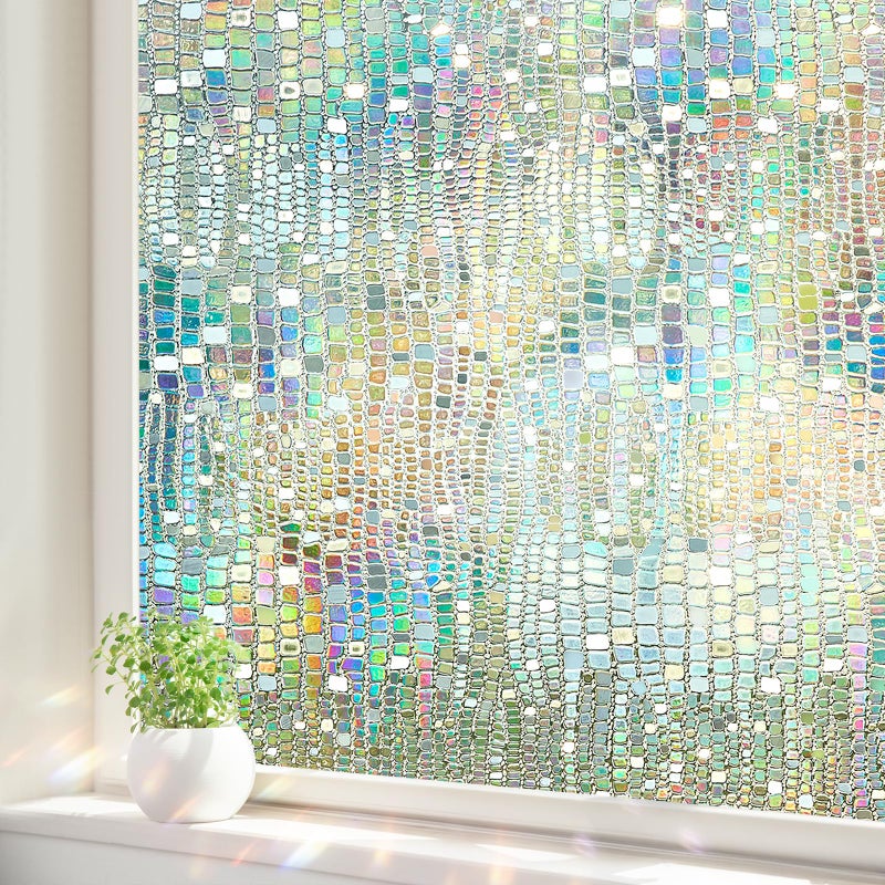 ALIUNI Window Privacy Film, Stained Glass Window Films 3D Rainbow Decorative Static Cling Iridescent Window Tint Heat Blocking Decals Covering for Home Door Vinyl 17.5" x 78.7" - Image 1