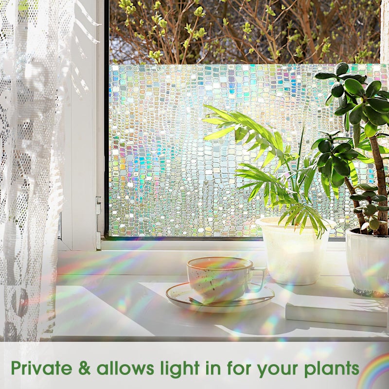 ALIUNI Window Privacy Film, Stained Glass Window Films 3D Rainbow Decorative Static Cling Iridescent Window Tint Heat Blocking Decals Covering for Home Door Vinyl 17.5" x 78.7" - Image 3