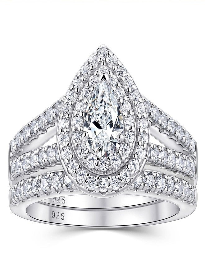 نيو شي جولري مجموعة خواتم زفاف من نيوشي للمجوهرات مرصعة بالزركونيا المكعبة للنساء، مصنوعة من الفضة الإسترليني عيار 925، طقم خاتم خطوبة وزفاف، خاتم وعد أبيض على شكل كمثرى، مقاس 7 - Image 1