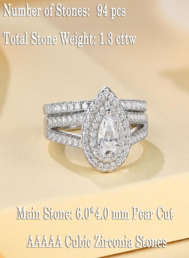 نيو شي جولري مجموعة خواتم زفاف من نيوشي للمجوهرات مرصعة بالزركونيا المكعبة للنساء، مصنوعة من الفضة الإسترليني عيار 925، طقم خاتم خطوبة وزفاف، خاتم وعد أبيض على شكل كمثرى، مقاس 7 - Image 3