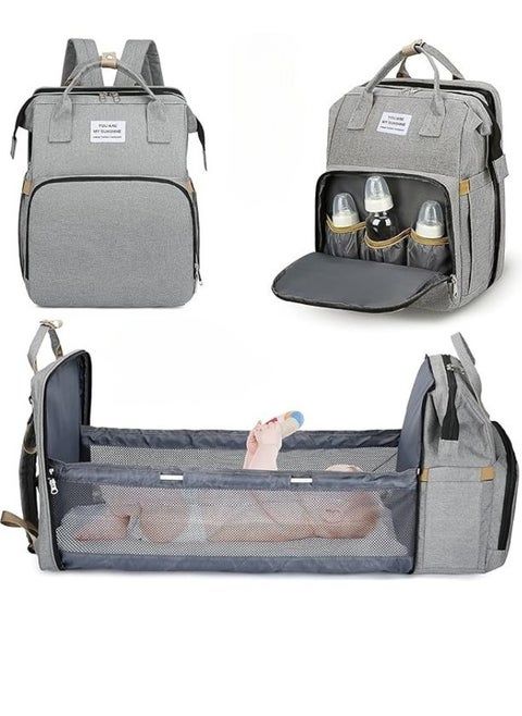Multifunctional Baby Diaper Bag Backpack with Portable Bassinet and Insulated Bottle Pockets- Grey
