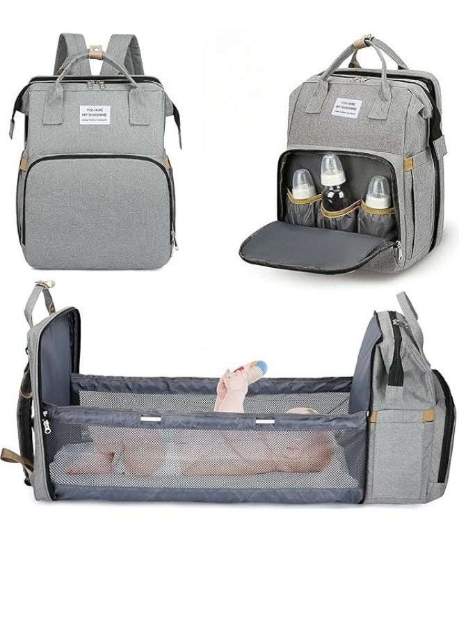 Happy Home - Multifunctional Baby Diaper Bag Backpack with Portable Bassinet and Insulated Bottle Pockets- Grey - Image 1