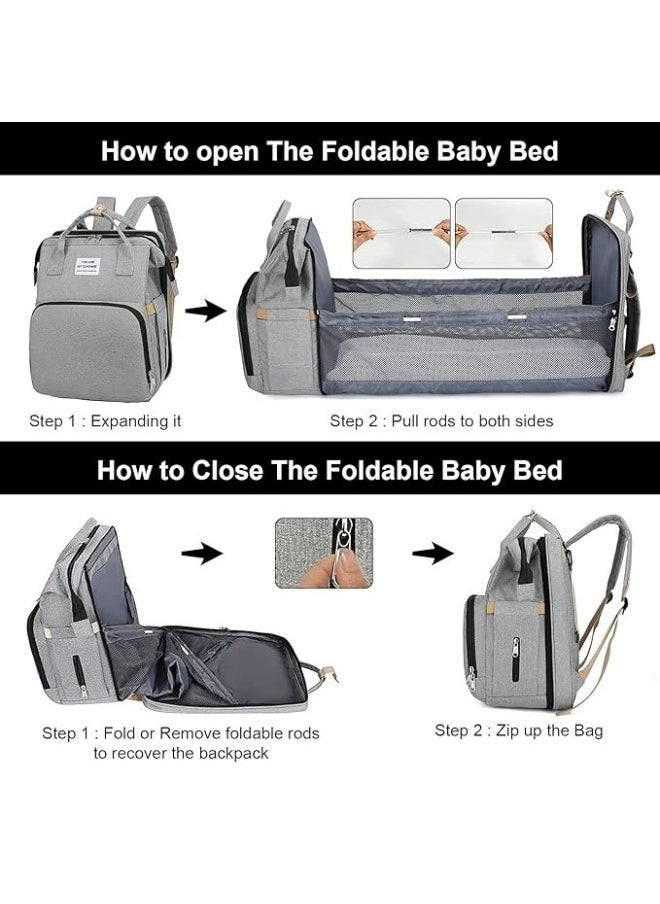 Happy Home - Multifunctional Baby Diaper Bag Backpack with Portable Bassinet and Insulated Bottle Pockets- Grey - Image 1