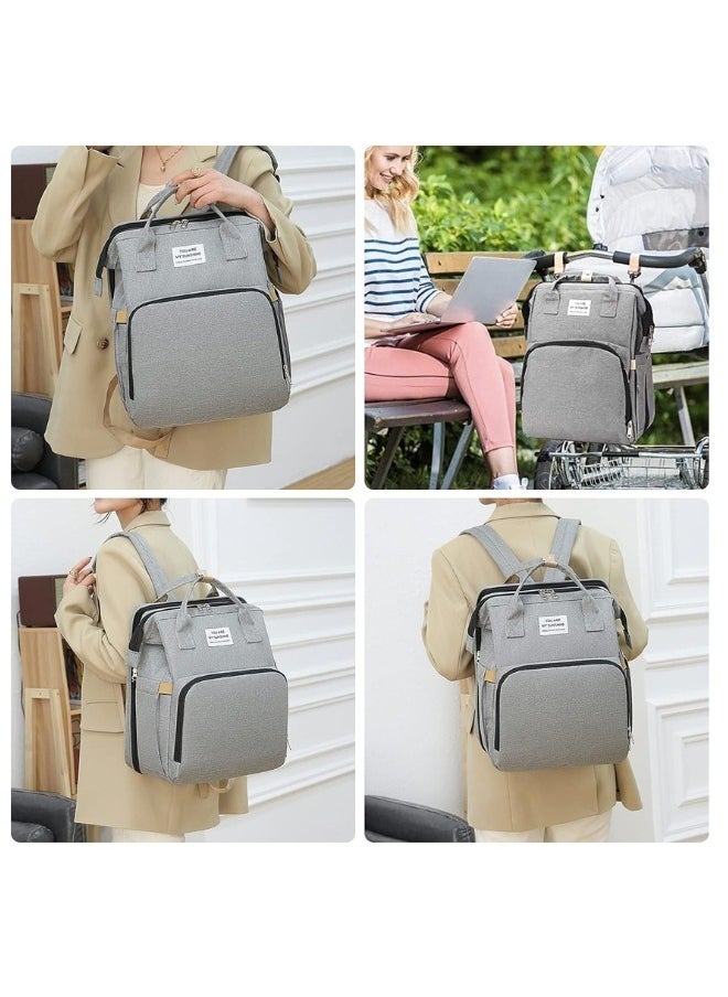 Happy Home - Multifunctional Baby Diaper Bag Backpack with Portable Bassinet and Insulated Bottle Pockets- Grey - Image 1