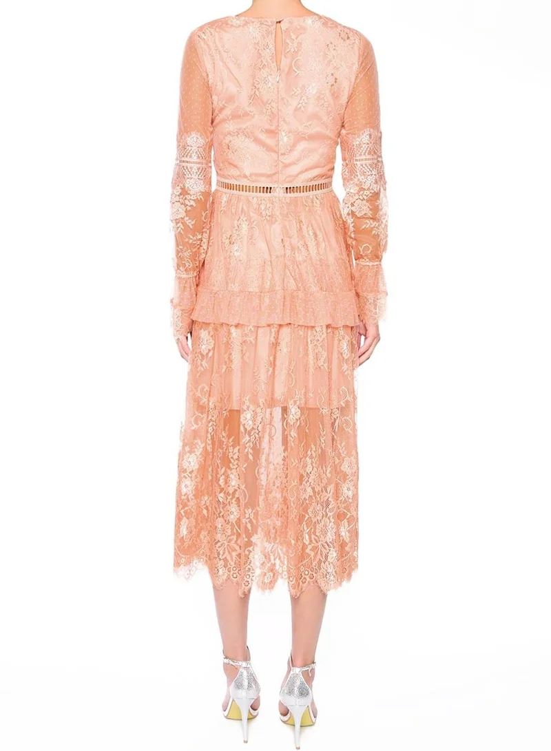 True Decadence Emmie Dusty Peach V-Neck Lace Midi Dress