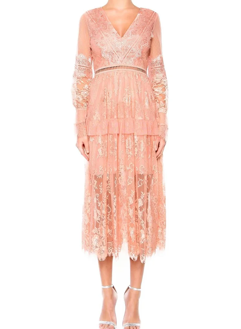 True Decadence Emmie Dusty Peach V-Neck Lace Midi Dress