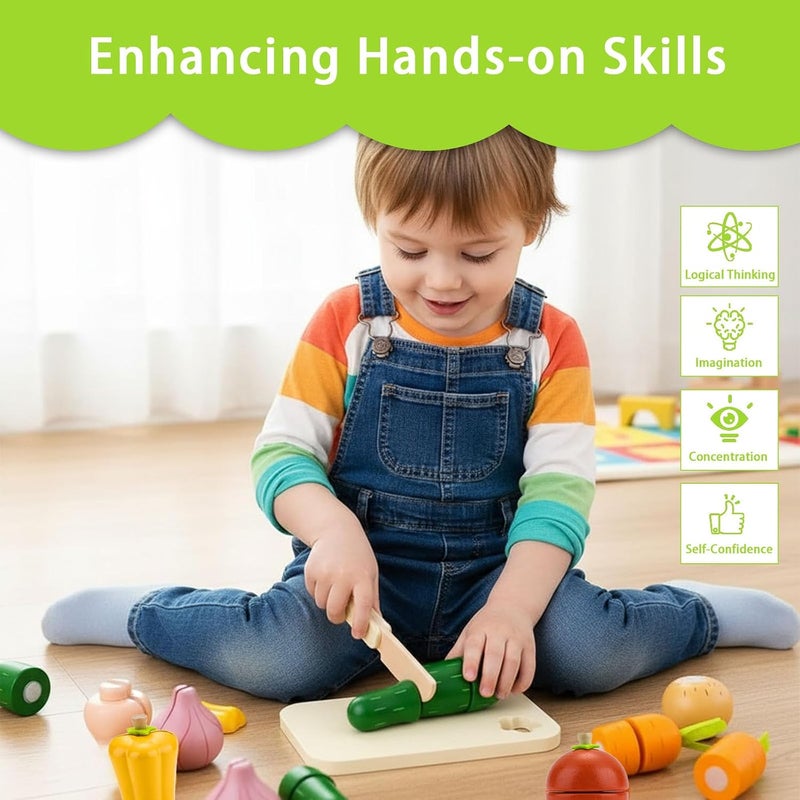 umu Wooden Cutting Vegetable Set, Toddler Kitchen Toy, Kids Cooking Toys with Vegetables, Fruit Cutter and 22 Pcs Kitchen Accessory, Pretend Play, Play Food Sets for Age 3+ - Image 5