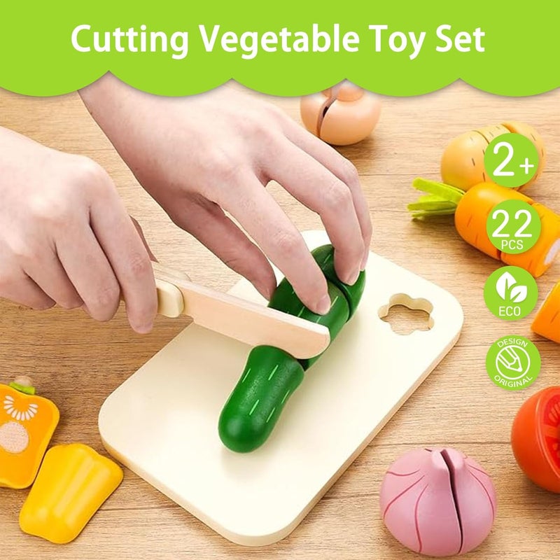 umu Wooden Cutting Vegetable Set, Toddler Kitchen Toy, Kids Cooking Toys with Vegetables, Fruit Cutter and 22 Pcs Kitchen Accessory, Pretend Play, Play Food Sets for Age 3+ - Image 2