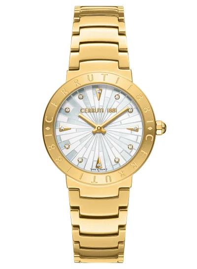 CERRUTI 1881 Women's Filiano Analog Women's Watch - White Mother of Pearl Dial, Gold Plated Engraved Topring, Bracelet