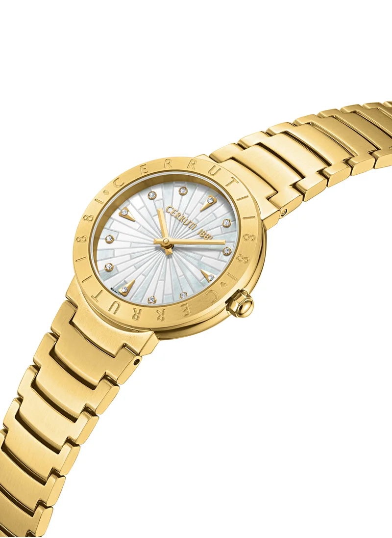 شيروتي 1881 Filiano Analog Women's Watch - White Mother of Pearl Dial, Gold Plated Engraved Topring, Bracelet
