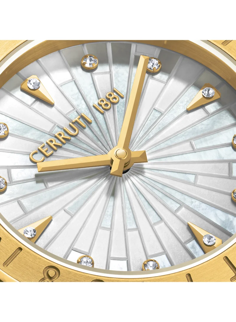CERRUTI 1881 Women's Filiano Analog Women's Watch - White Mother of Pearl Dial, Gold Plated Engraved Topring, Bracelet
