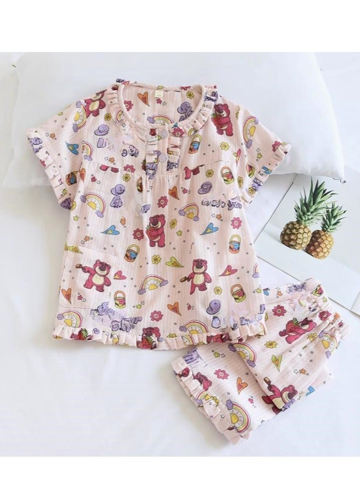 Disney Children's Pure Cotton Gauze Cute Short Sleeved Seven Quarter Pants Home Clothes Pajama Set - Image 1